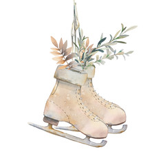Watercolor season illustration. Vintage isolated items: skates with golden and evergreen leaves on white background. Rustic object for Christmas design. Hand drawn cute icon.