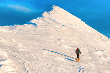 Alpinist with dog climbing on a slope at snowy mountain top in sunset evening