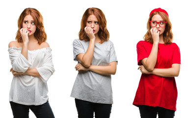 Collage of young beautiful redhead woman over isolated background looking stressed and nervous with hands on mouth biting nails. Anxiety problem.