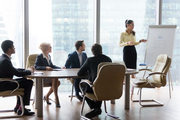Young Asian employee present business project to interested diverse colleagues at office negotiations, millennial coach train workers, making presentation on whiteboard at meeting. Education concept
