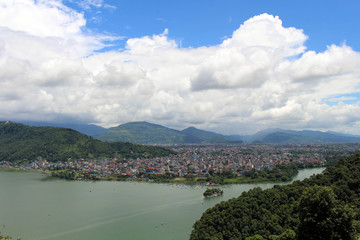 Fototapeta premium Pokhara town and Phewa Lake as seen on the way up to the World Peace Pagoda