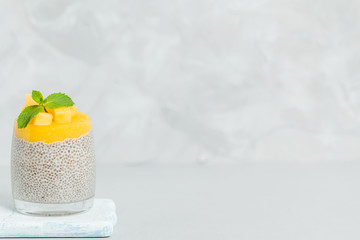 Chia seeds pudding with mango puree in beautiful glasses with green mint leaves and cut fresh ripe tropical fruit.