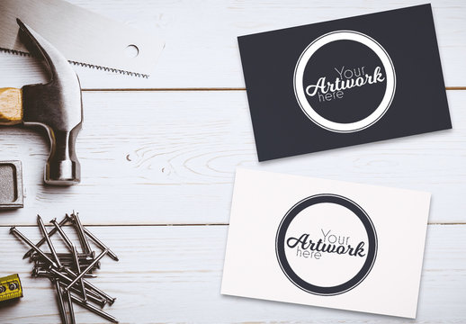 2 Business Cards with Tools Mockup