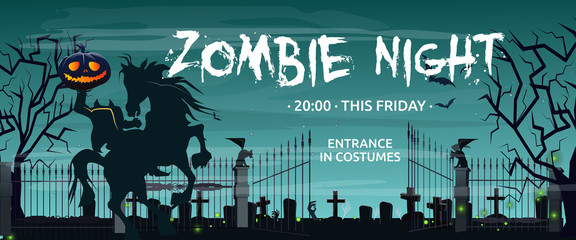 Zombie Night, this Friday lettering with Headless Horseman and graveyard. Invitation or advertising design. Typed text, calligraphy. For leaflets, brochures, invitations, posters or banners. - obrazy, fototapety, plakaty