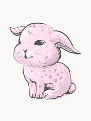 Hand Drawn pink Vector Rabbit, Cute Bunny, baby bunny cute illustration. Print for children s t-shirts.