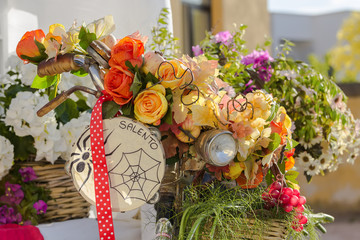 basket of flowers on a bicycle, scenery with a tambourine, Salento, Apulia