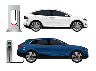 Set of electric SUV with charging stations. Vector illustration EPS 10