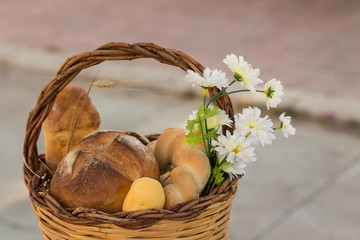 Composition with variety of baking products on a table, outdoors, horizontal