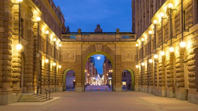 Night Time lapse of the historic parliament house in gamla stan island Stockholm, Sweden