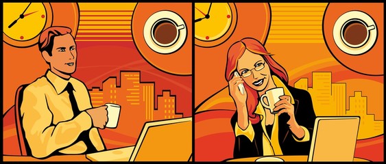 Office worker drinking coffee and checking on her computer