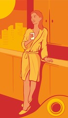 Woman in bathrobe drinking coffee home kitchen.