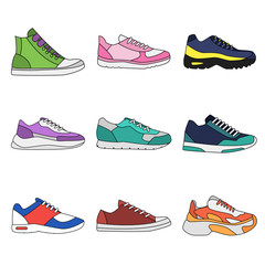 Different types of modern sneakers for everyday wear.