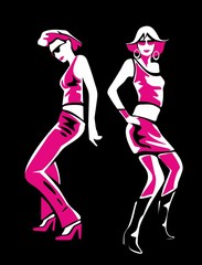 Beautiful women dancing at the disco in fashionable sexy mini dresses. Vector illustration on black background