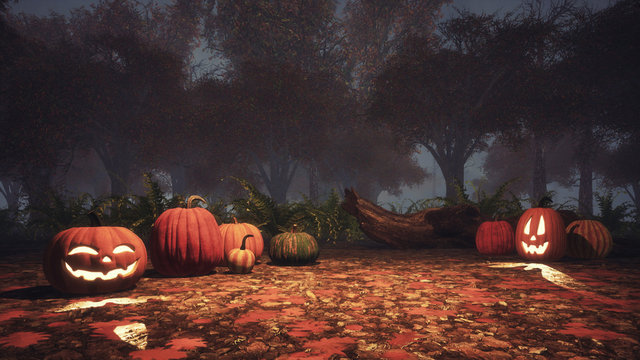 Jack-o-lantern Carved Halloween Pumpkins On A Ground Covered By Fallen Autumn Leaves In Misty Forest At Dusk Or Night. Fall Season 3D Illustration.