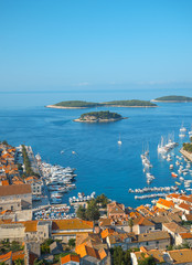 Aerial seascape view to turquoise waters of Adriatic Sea in Island Hvar Croatia. Famous sailing...