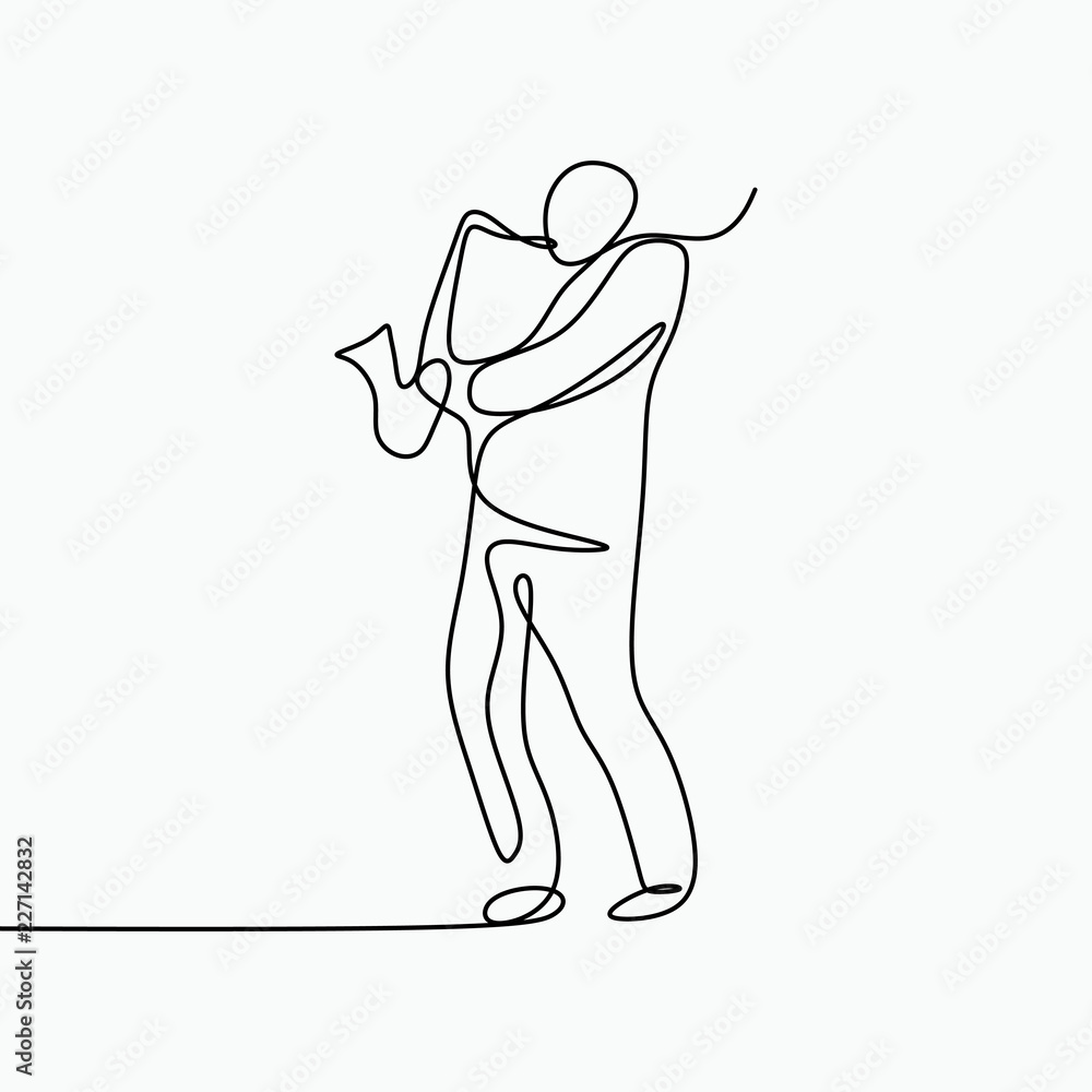 Poster jazz music vector theme of a musical jazz player with saxophone. one single line art drawing style w