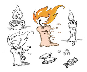 Candle hand drawn set. Vector burning candles sketch on white