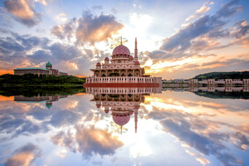 sunrise scenery at putrajaya floating mosque. soft focus,blur due to long exposure.