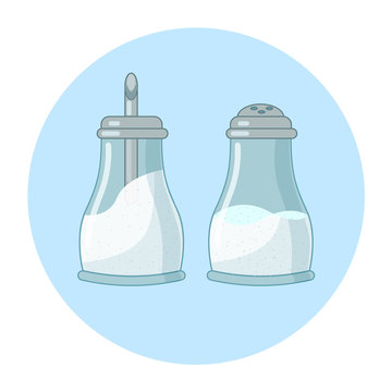 Sugar and salt in glass sugar bowl and salt shaker on blue background. Line art, Vector
