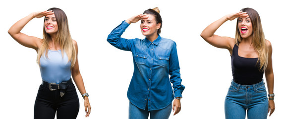 Fototapeta premium Collage of young beautiful woman over isolated background very happy and smiling looking far away with hand over head. Searching concept.