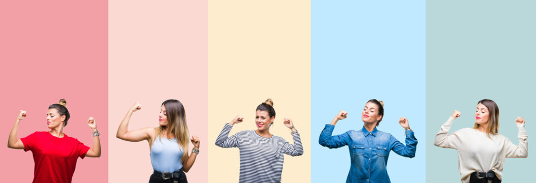 Collage of young beautiful woman over colorful vintage stripes isolated background showing arms muscles smiling proud. Fitness concept.