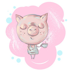 Cute little pig character with cup of coffee or tea, offering hot drink , vector illustration