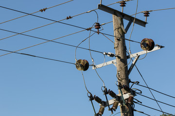 Power distribution. Electricity wires on a telegraph pole utility post.