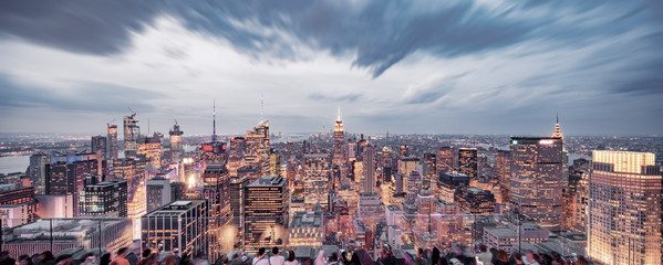 aerial view  skyline of modern city new york at nigth - obrazy, fototapety, plakaty
