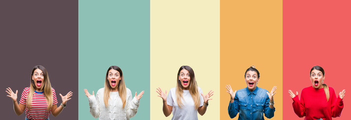 Obraz premium Collage of young beautiful woman over colorful vintage isolated background celebrating crazy and amazed for success with arms raised and open eyes screaming excited. Winner concept