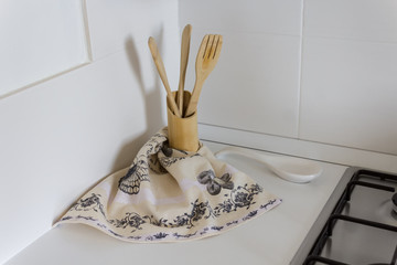 wooden kitchen utensils and kitchen towels, decoration