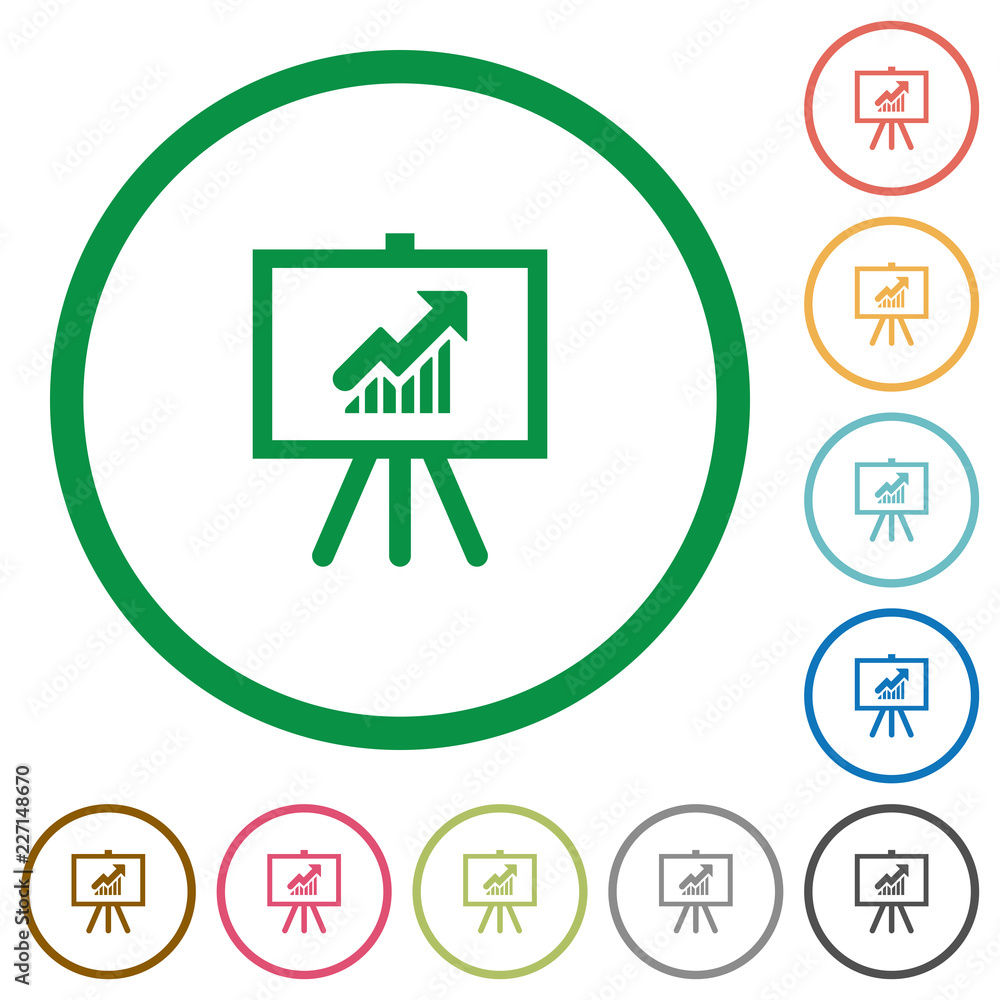 Poster presentation table with rising graph flat icons with outlines
