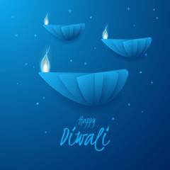 Vector banner for festival of lights with text Happy Diwali, 3D realistic oil lamps of cut out from paper. Festive blue background for flyers of Indian Hindu holiday Deepavali with carving art of diya