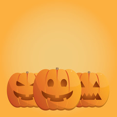Vector illustration of three halloween pumpkins on an orange background