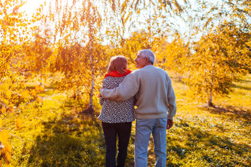 Senior couple walking in autumn forest. Middle-aged man and woman hugging and chilling outdoors