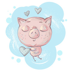 Cute little pig character in love and holding heart in hands vector illustration