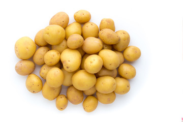 Young potato isolated on white background. Harvest new. Flat lay, top view