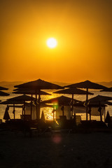 Fototapeta premium Early morning , dramatic sunrise over sea and mountain. Photographed in Asprovalta, Greece