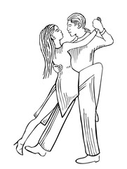 Couple dancing tango. Black vintage vector illustration