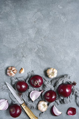 Organic red onion and garlic.Top view with copy space.