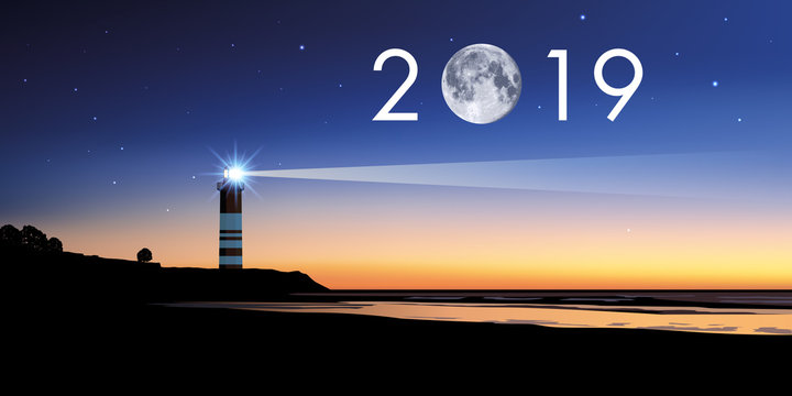 Carte de voeux 2019 avec un phare, symbole du repère à suivre pour choisir la bonne direction pour relever les défis de la nouvelle année