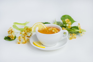 Linden inflorescences, herbal tea, view from high angle