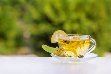 Linden inflorescences, herbal tea, view from high angle