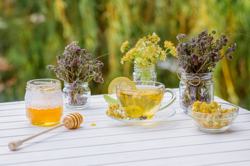 Linden inflorescences, herbal tea, view from high angle
