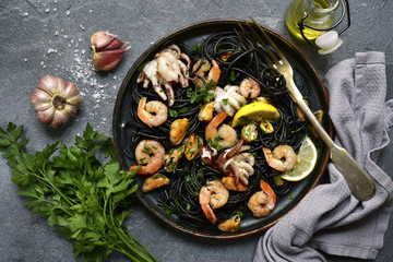 Black seafood spaghetti.Top view with copy space.