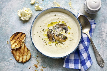 Cauliflower soup with mushrooms.Top view.