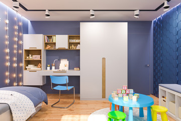3d render of the children's bedroom interior in deep blue color.Visualization of the concept of interior design child room for boy in a space theme.
