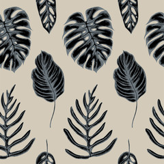 Vector seamless pattern of monstera leaves. Hand drawn vector illustration