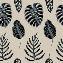 Vector seamless pattern of monstera leaves. Hand drawn vector illustration
