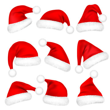 Christmas Santa Claus Hats With Fur Set. New Year Red Hat Isolated on White Background. Winter Cap. Vector illustration.