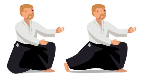 Vector illustration of a man in hakama. The basic movement Suvari-vaza Mae-sikko. Suitable for oriental martial arts such as aikido, judo, karate, jiu-jitsu, budo